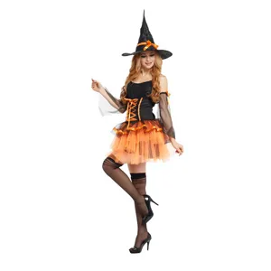 Sexy adult witch costume detail view, featuring black orange dress and classic pointy hat.