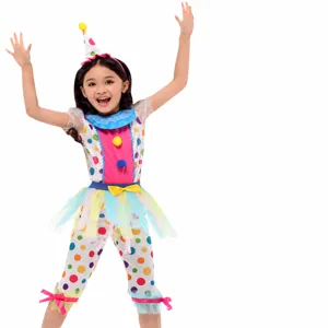 Buntes gepunktetes Kinder Clown Kostüm Set mit passendem Hut für Halloween Partys.