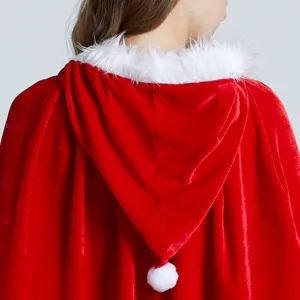 Red velvet Christmas Santa cape with white faux fur hood and pom-pom for women holiday party.