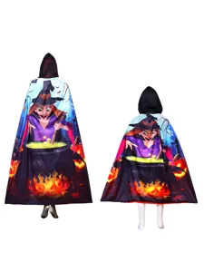 Halloween witch cloak cape with pumpkin and fire print, perfect for cosplay party costumes.