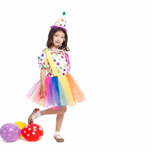 Kinder Halloween Clown Kostüm Set, buntes Pünktchenkleid mit Hosenträgern und Hut Gr. M-XL.