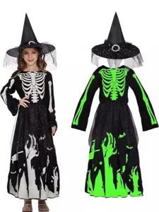 Costume de sorciere squelette d'Halloween pour enfants avec chapeau et robe de fete.