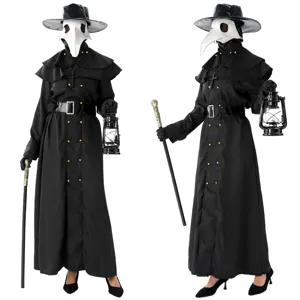 Halloween Plague Doctor Costume Cosplay Black Raven Mask Long Coat Set with Props