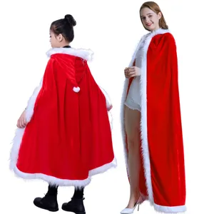 Christmas Santa velvet hooded cloak cape for women and kids holiday costume performance wear.
