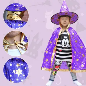 Παιδικά Halloween Μανδύα Μάγισσας Μωβ Αστέρι Κάπα Κοστούμι Μάγου με Μυτερό Καπέλο