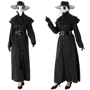 Halloween plague doctor cosplay costume set with iconic bird beak mask and long black coat.