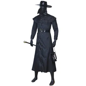 Plague doctor costume set with bird mask long coat hat and props for Halloween party.