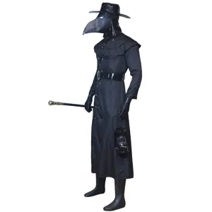 Plague doctor costume set with bird beak mask, black robe, hat, cane and lantern for Halloween.