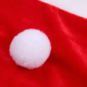 Red Christmas velvet costume fabric and white fluffy pom pom detail close up view.