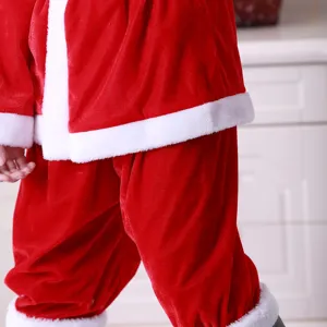 Men's Red Velvet Santa Claus Costume Set Christmas Holiday Party Performance Outfit with White Plush