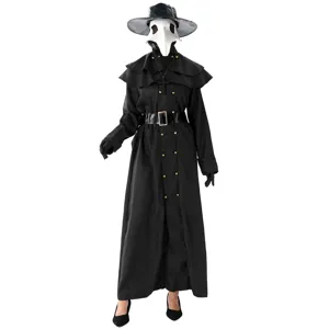 Halloween plague doctor costume set with white bird mask and black coat for cosplay events.