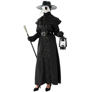 Detailed view of the plague doctor costume featuring bird mask, black robe, cane and lantern.