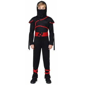 Kids ninja costume for Halloween cosplay and party dress up, featuring red accents and belt.