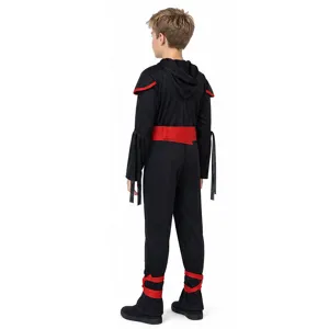 Kids Halloween ninja costume in black and red, perfect for party cosplay and dress up fun.