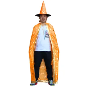 Cape de sorcier d'Halloween avec chapeau, manteau étoilé brillant pour fête et spectacle cosplay.