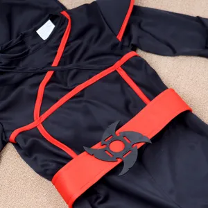 Kids Halloween ninja costume black red jumpsuit with belt for boys and girls role play party.
