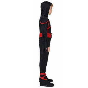 Kids ninja costume detail side view, black outfit with red belt and hood for party cosplay.