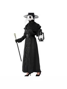 Halloween Plague Doctor Costume Black Cosplay Outfit with Mask Hat Cane and Prop Lantern