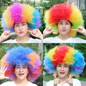 Colorful afro clown wig for Halloween party, funny rainbow curly hair costume accessory.