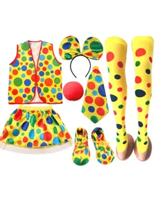 Kids Halloween clown costume set with vest, skirt, bow, and accessories for party dress up.