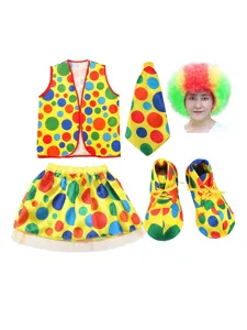 Halloween clown costume set with colorful polka dot vest skirt wig and shoes for kids.
