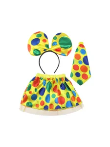 Halloween colorful clown costume set with polka dot headband and skirt for kids party wear.
