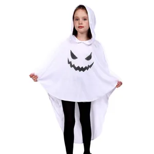 Detailed view of kids white ghost hooded cloak Halloween costume party dress up apparel.