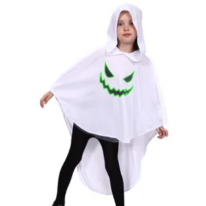 Halloween kids white glowing ghost cape hooded costume for party dress up and fun spooky night.