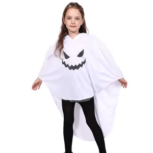 Kids Halloween white ghost cape cloak with hooded design and funny face print for party wear.