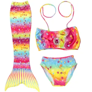 Kinder Meerjungfrau Badeanzug 3-Teilig Regenbogen Stern Bikini Strand Badebekleidung Top