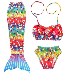 Kinder Meerjungfrau Badeanzug 3-teilig, bunter Bikini Top, Hose und Schwanzrock Set.