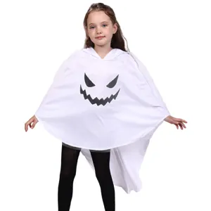 Kids Halloween white ghost hooded cloak costume, scary face detail for party festival dress up.