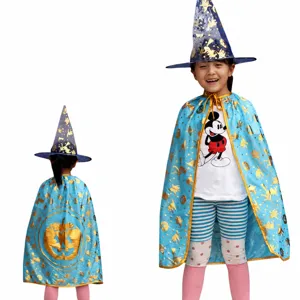 Set mantello e cappello da strega blu di Halloween per bambini, costume con zucca per feste.