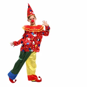 Detailansicht des bunten Kinder-Clown-Kostümsets mit fröhlichem Pünktchen-Oberteil und Hosen.