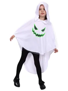 Kids Halloween white ghost hooded cloak costume, glowing spooky face cape for party.