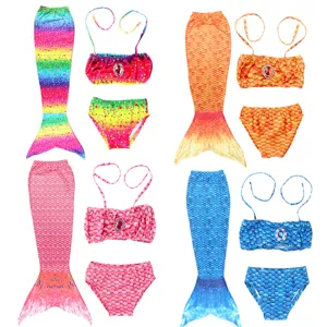 Girls Mermaid Swimsuit Bikini Set Three-Piece Mermaid Tail Swimwear Kids Summer Beach Bathing Suit Costume