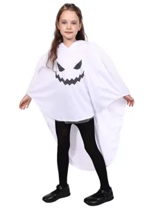 Children Halloween white ghost cloak hooded poncho costume party spooky outfit dress up