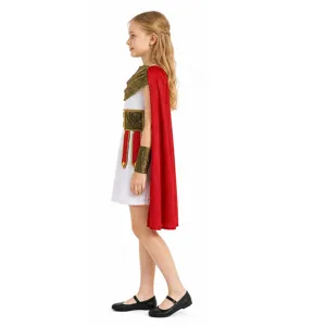Costume da guerriera romana per bambina con abito bianco, mantello rosso e armatura dorata.