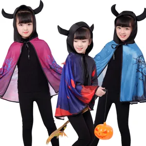 Capa con capucha de Halloween para niños con cuernos, disfraz mágico de bruja.