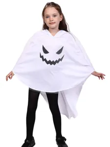 Kids Halloween White Ghost Cloak Cape Costume Party Outfit with Ghost Face Design