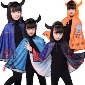 Niños Halloween diablo cuernos capucha capa disfraz, linda calabaza bruja capa para fiesta.