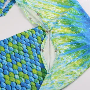Children mermaid swimsuit main view displaying colorful fish scale pattern and snap buttons.