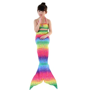 Kids mermaid swimsuit set, colorful rainbow dot bikini top and tail skirt for girls.