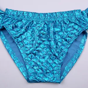 Slip costume da bagno sirena bambini, mutandina bikini stampa squame blu metallizzato.