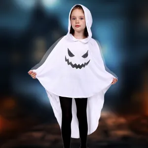 Details of the kids halloween white ghost hooded cloak costume for party and cosplay events.