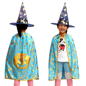 Costume da strega di Halloween per bambini, mantello blu con stampa di zucca e cappello a punta.