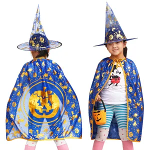 Bambini Halloween costume blu mago mantello cappello da strega con motivo zucca festa abito magico