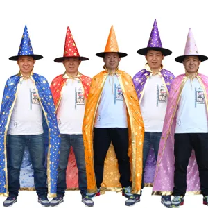 Ensemble cape de sorcier et chapeau pointu d'Halloween, cape imprimée d'étoiles pour fête cosplay.