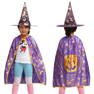 Bambini Halloween mantello da strega viola e cappello da mago, costume per feste.