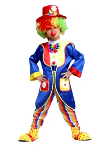 Buntes Kinder Clown Kostüm Set mit Perücke und Hut für Aufführungen und Partykleidung.
